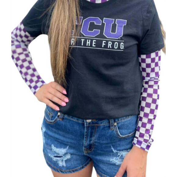 NEW STERLING KREEK checkered long sleeve top in purple/white - Picture 2 of 3